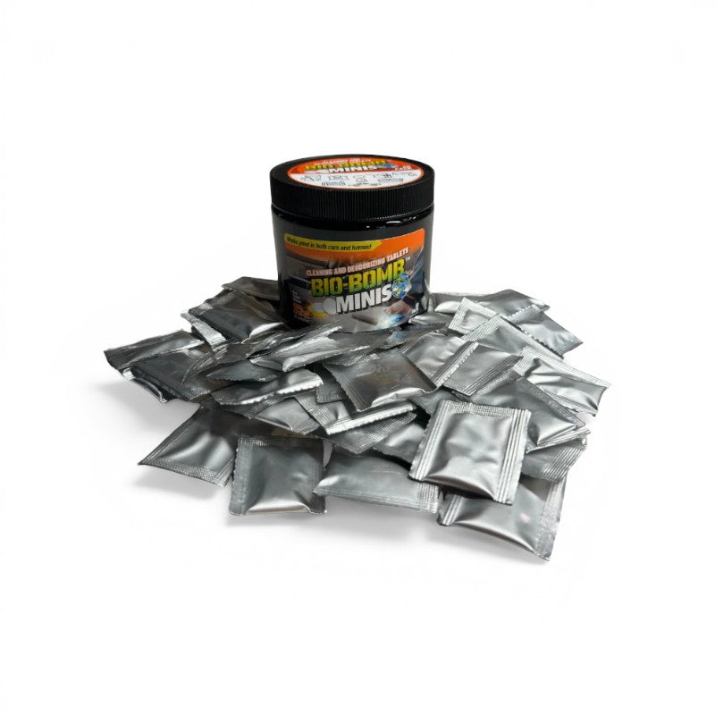 That Detail Shop Bio-Bomb Minis dissolvable cleaning and deodorizing tablets in silver packets.