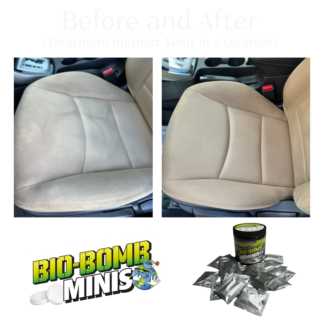 That Detail Shop Bio-Bomb Minis dissolvable cleaning and deodorizing tablets before and after car seat cleaning.