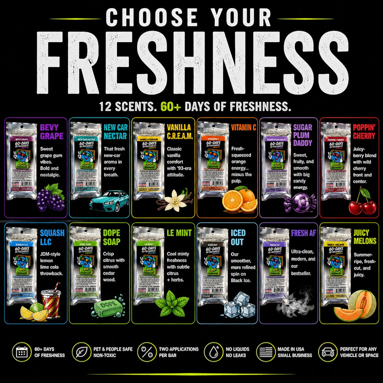 That Detail Shop Bio-Bombs Air Freshener Bars in 12 scents including Bevy Grape, New Car Nectar, Vanilla C.R.E.A.M., Vitamin C, Sugar Plum Daddy, Poppin' Cherry, Squash LLC, Dope Soap, Le Mint, Iced Out, Fresh AF, and Juicy Melons.