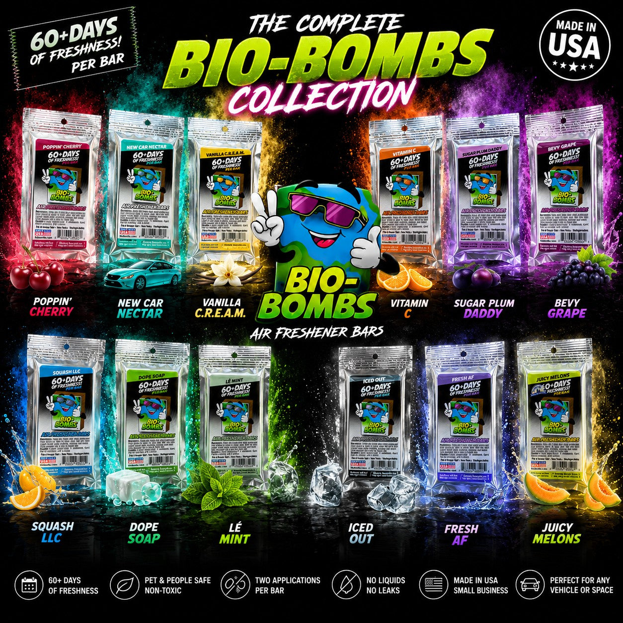 That Detail Shop Bio-Bombs Air Freshener Bars collection in various scents like Cherry, Nectar, Vanilla, and Grape.