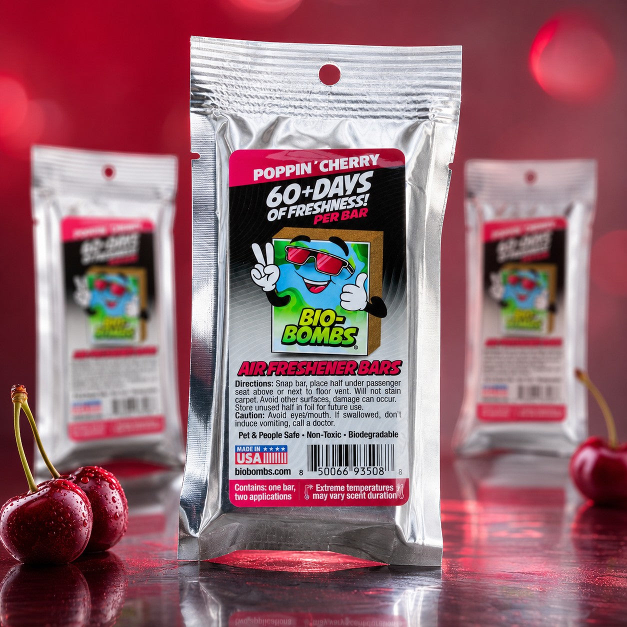 That Detail Shop Bio-Bombs Poppin' Cherry air freshener bars, 60+ days of freshness per bar.