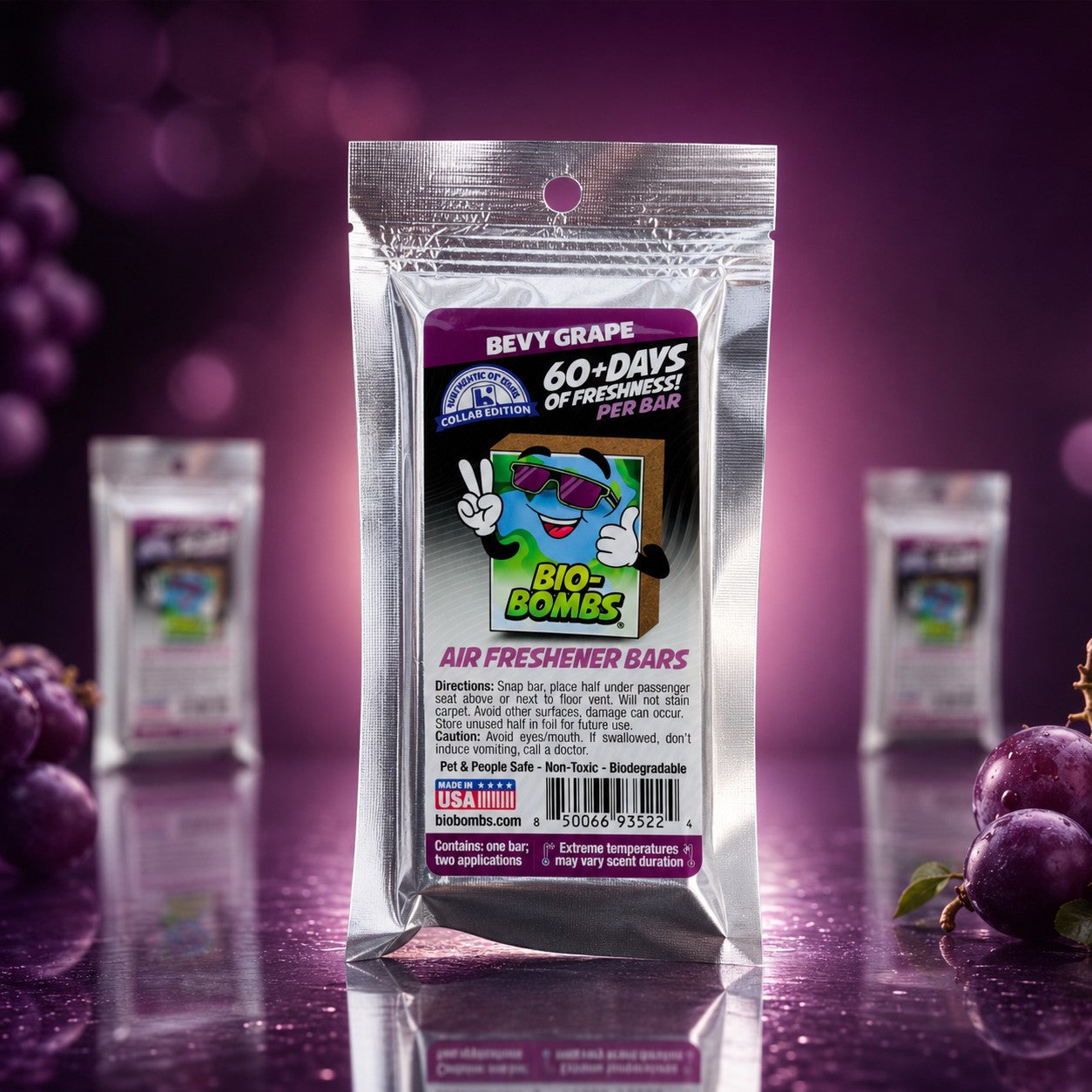 That Detail Shop Bio-Bombs Bevy Grape air freshener bar, 60+ days freshness, for vehicles and rooms.