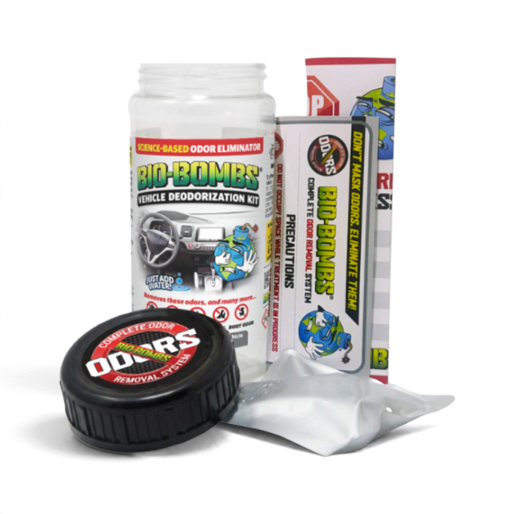 That Detail Shop Bio-Bombs vehicle deodorization kit with plastic container, activation packet, and instruction manual.