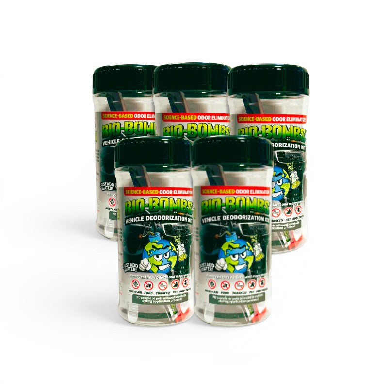 That Detail Shop Bio-Bombs Vehicle Deodorization Kit, 6-pack of odor eliminator canisters with green lids and cartoon earth graphic.