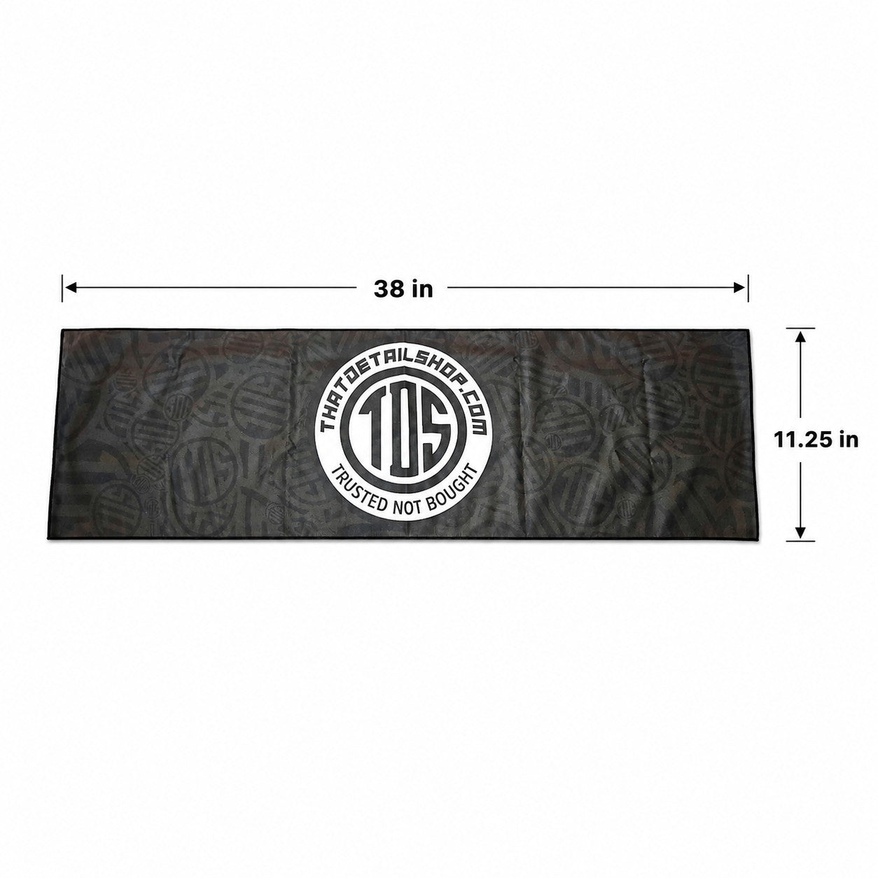 That Detail Shop black heavyweight cooling towel with TDS logo, measuring 11.25 by 38 inches for heat relief.