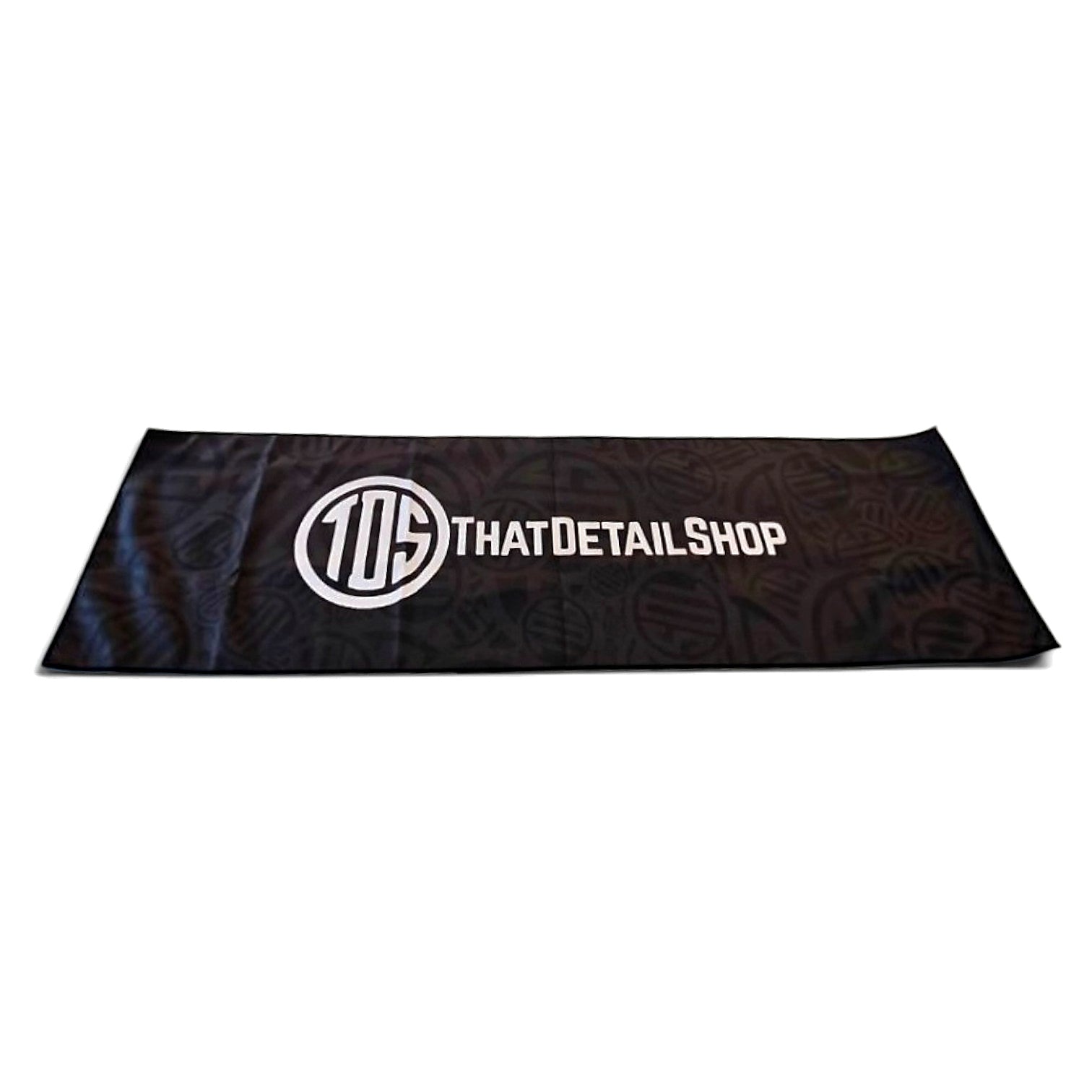 That Detail Shop black heavyweight cooling towel with white logo branding, designed for evaporative heat relief.