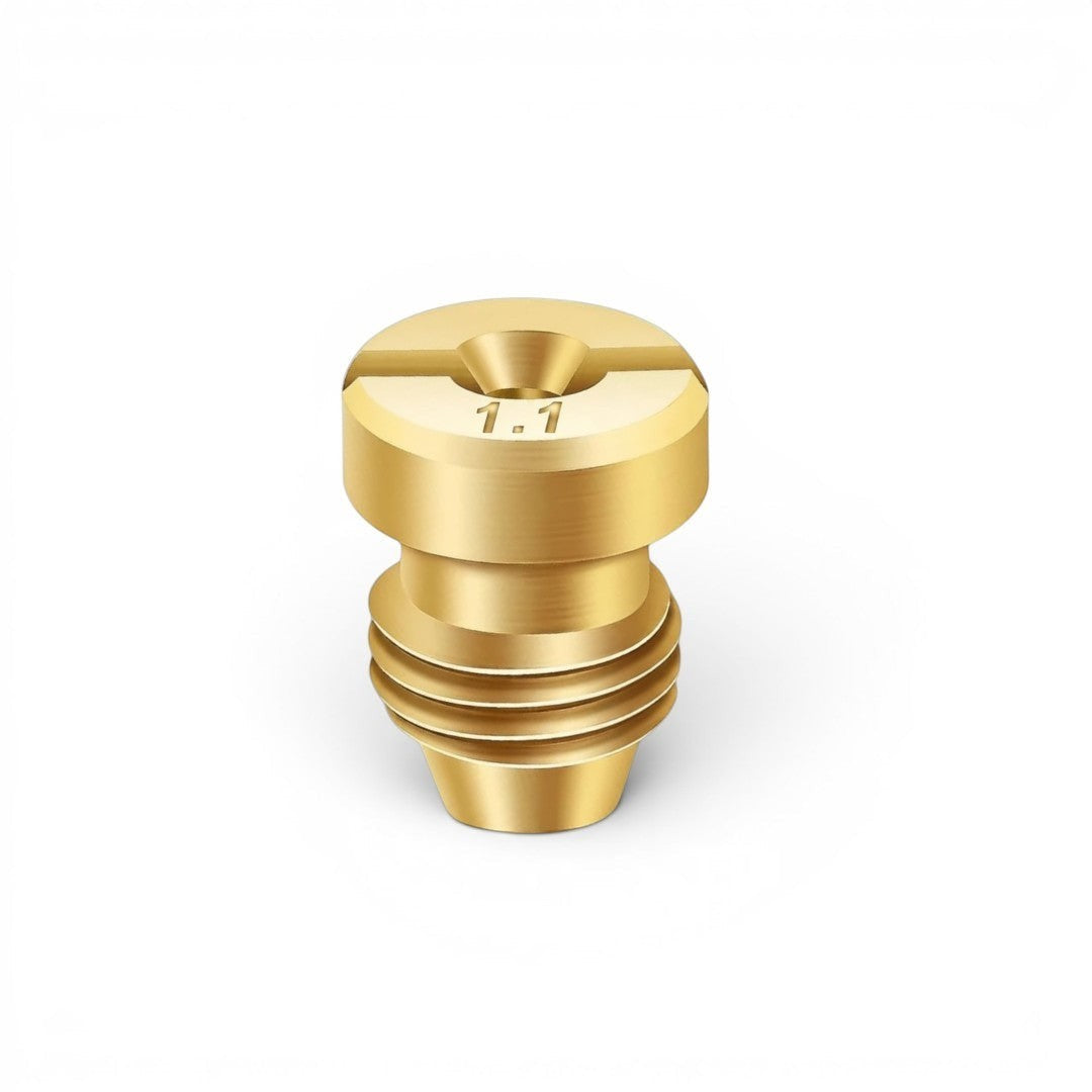 That Detail Shop brass 1.1mm orifice nozzle for foam cannons, features 1/4" NPT thread and sturdy construction.