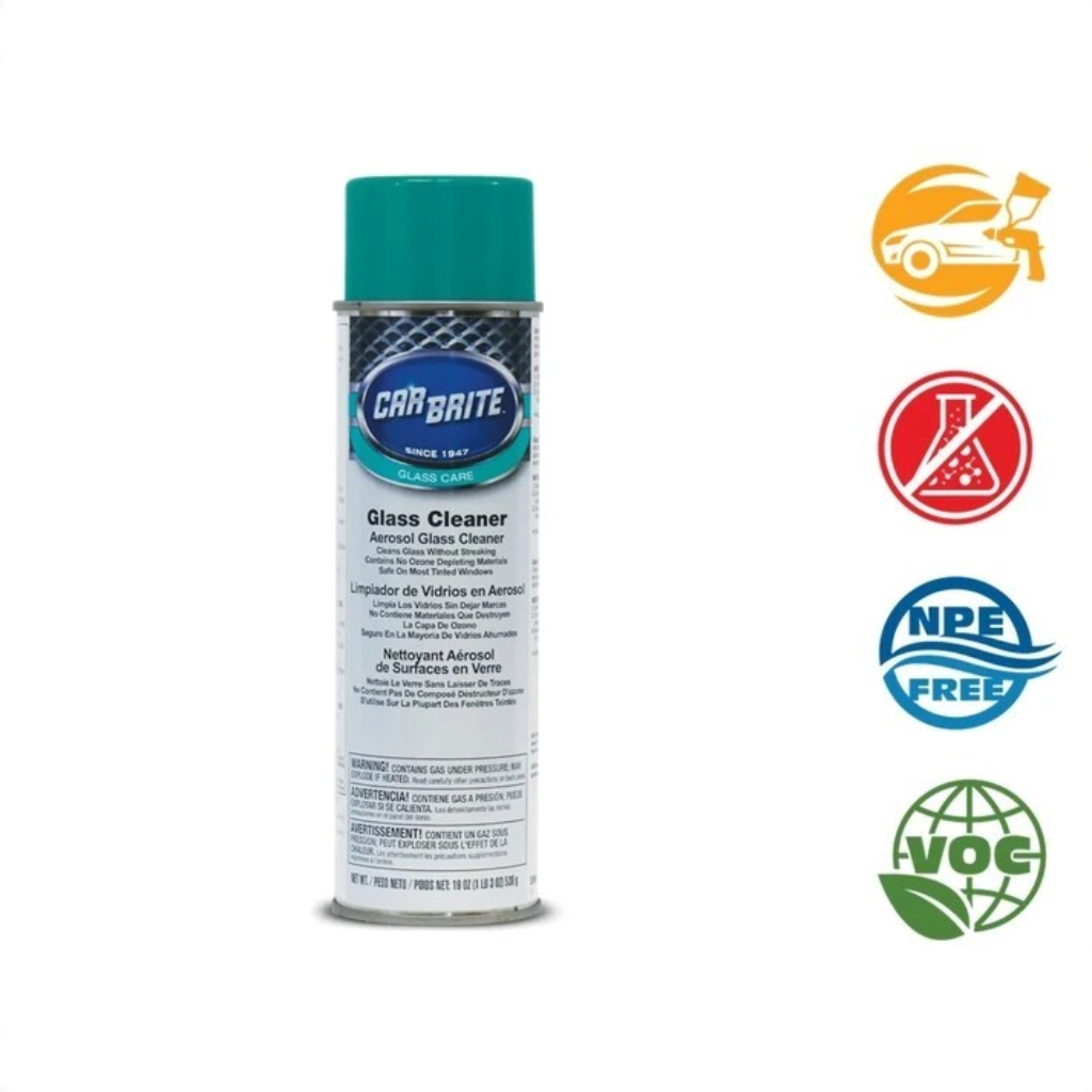 That Detail Shop Car Brite aerosol glass cleaner 19 oz can for streak-free cleaning on windows and chrome surfaces.