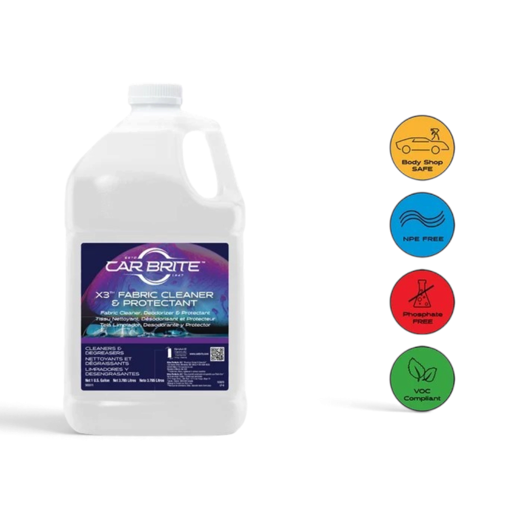 That Detail Shop Car Brite X3 fabric cleaner and protectant in a 1-gallon jug with safety icons on the right.