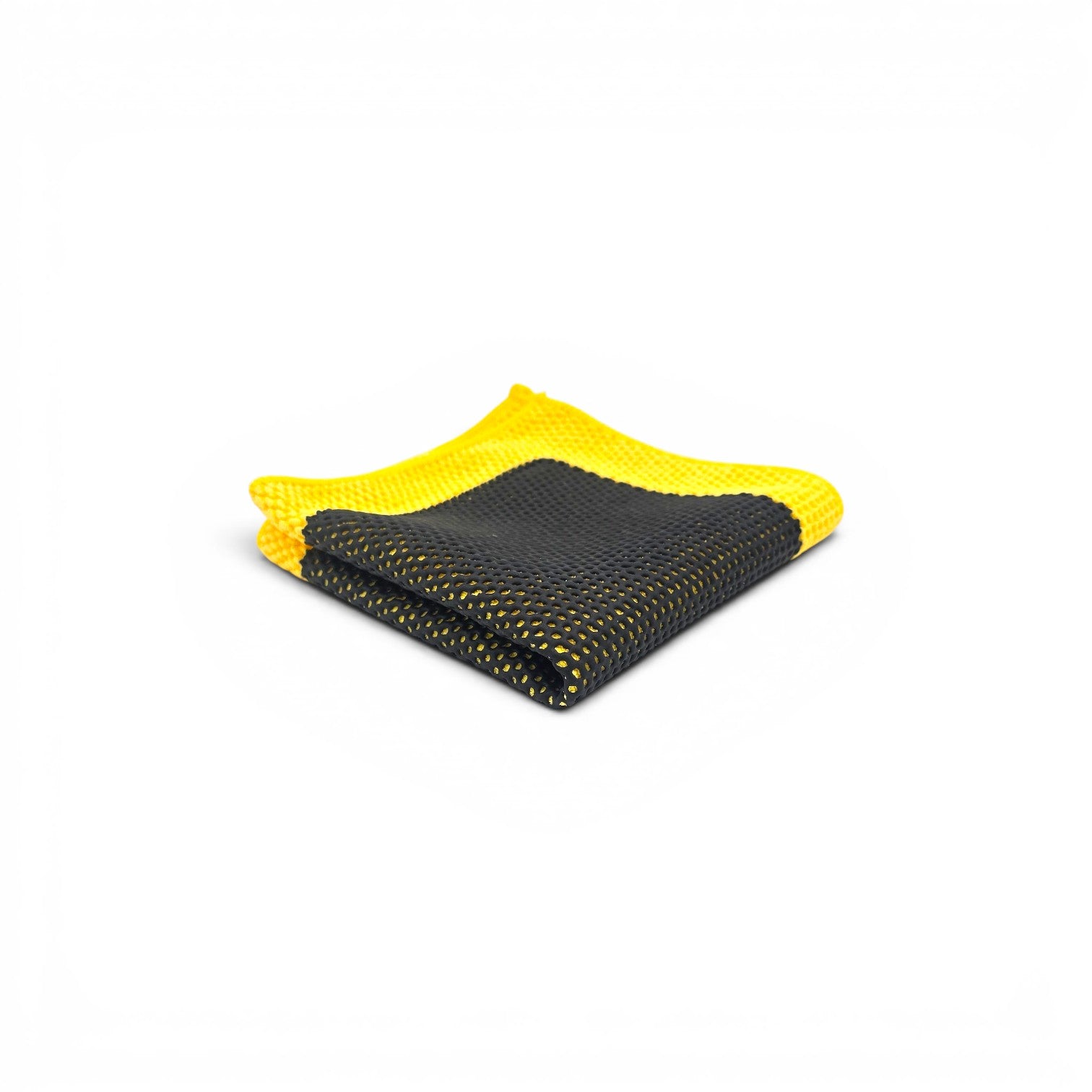 That Detail Shop black and yellow clay towel with advanced polymerized rubber surface for paint decontamination.