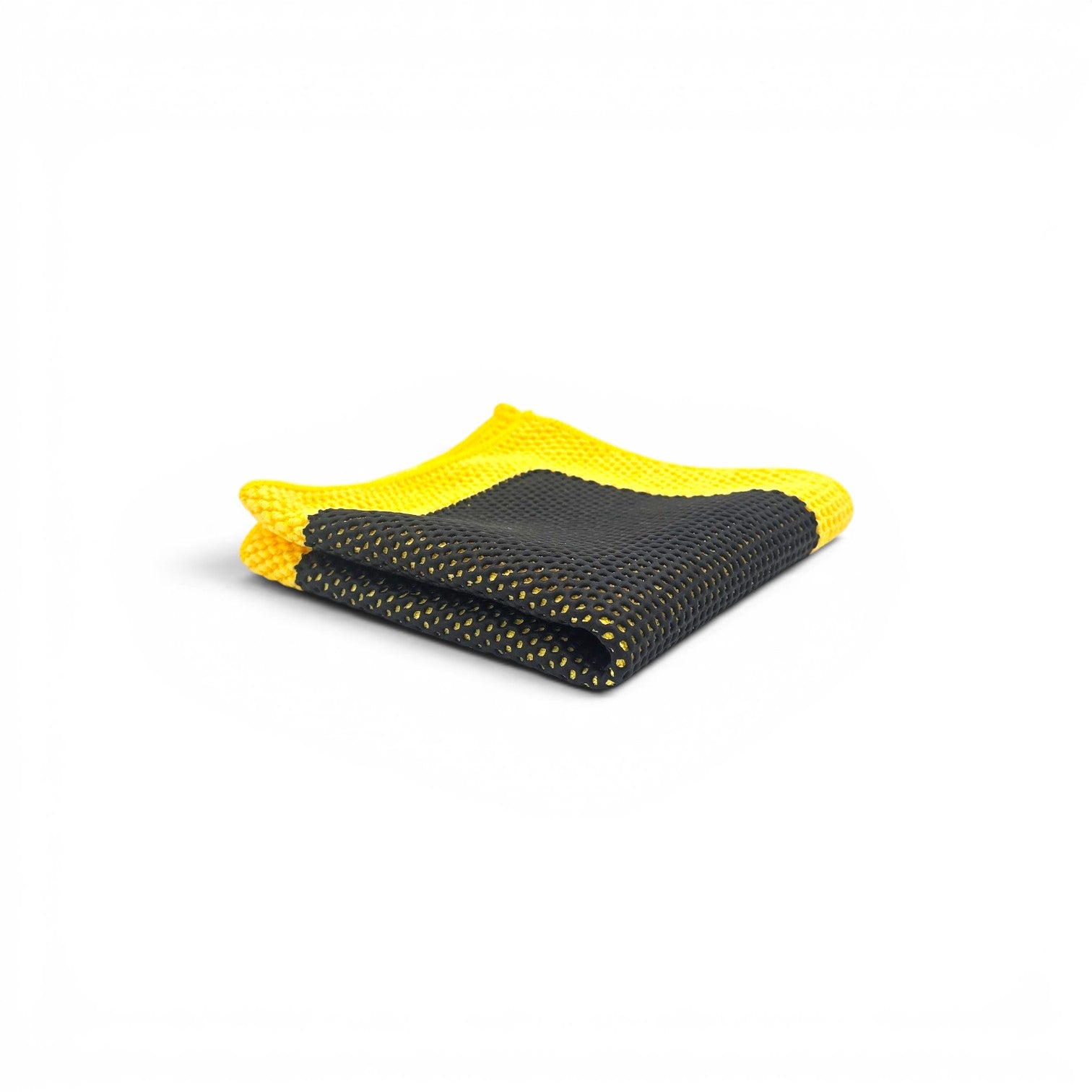 That Detail Shop TDS Clay Towel, a 12x12 inch microfiber towel with a black polymerized rubber surface and yellow trim for paint decontamination.