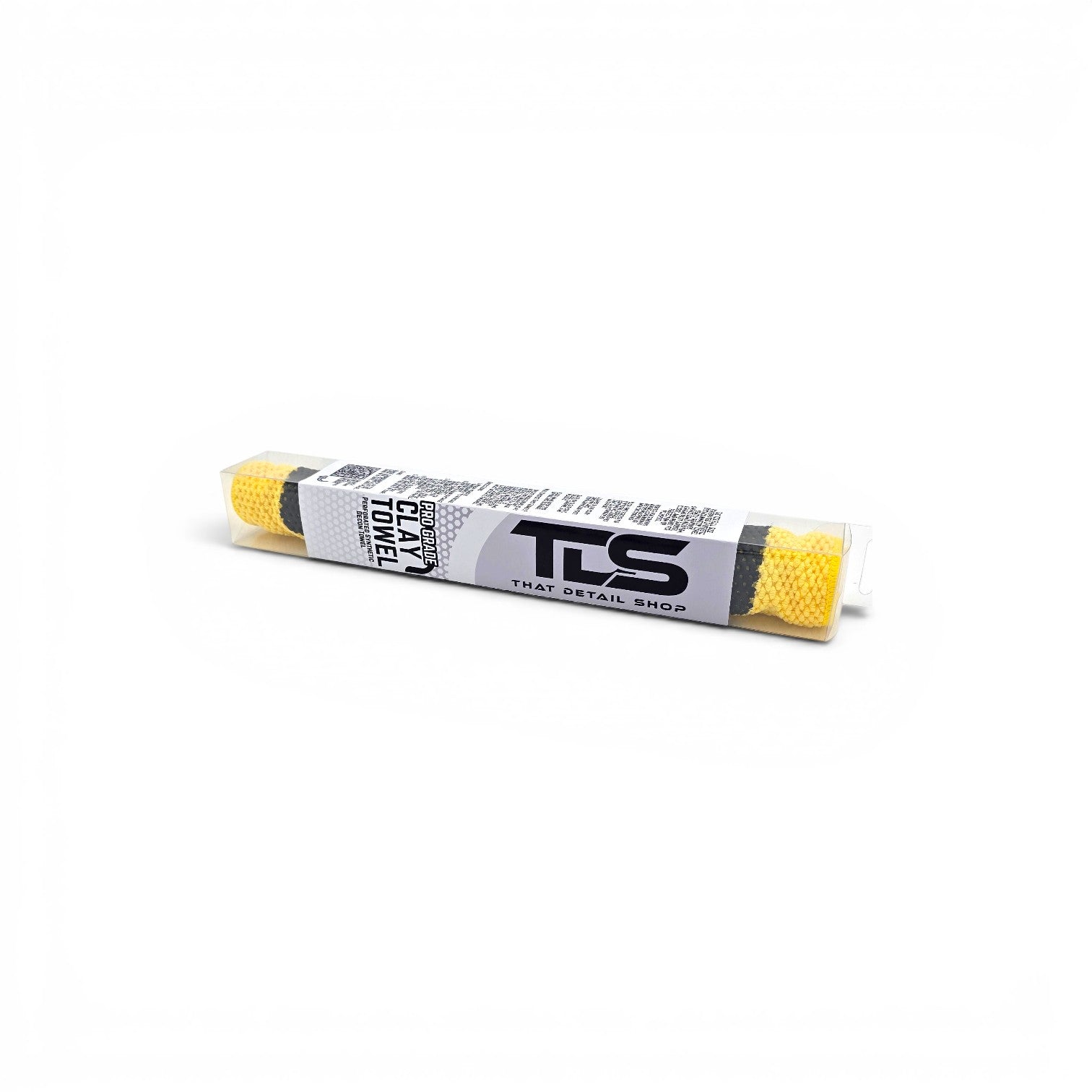 That Detail Shop Pro Grade Clay Towel, yellow and black microfiber with polymerized rubber surface for paint decontamination.