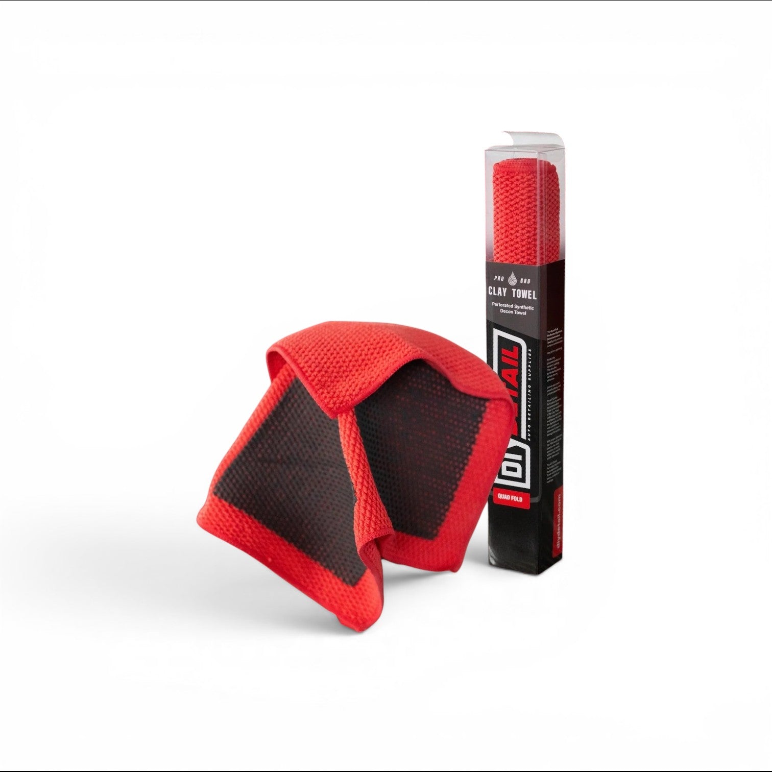 That Detail Shop red synthetic clay decontamination towel with a black grid pattern on one side, 12x12 inches.