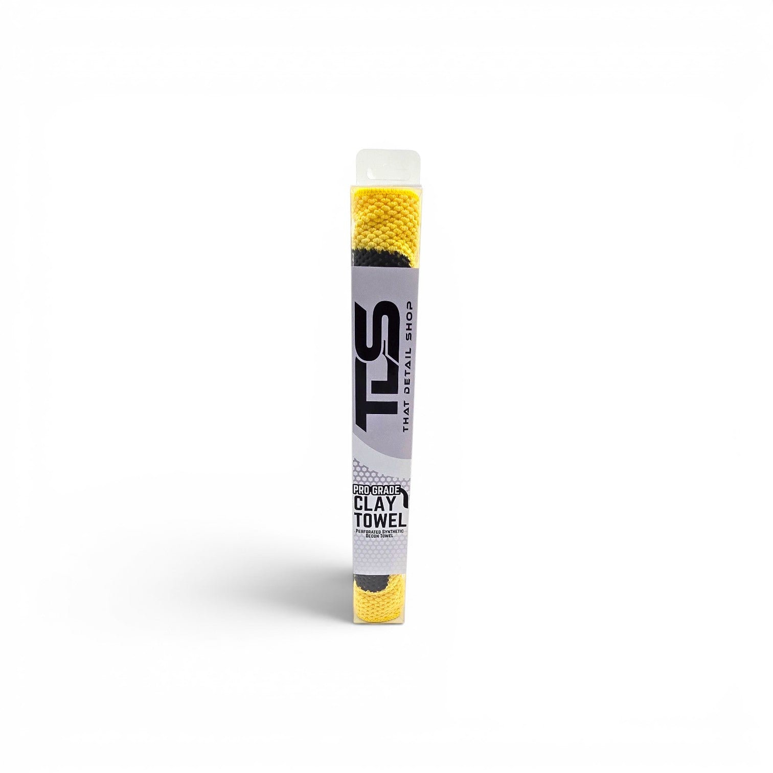That Detail Shop TDS Pro Grade Clay Towel, yellow and black microfiber with polymerized rubber surface for paint decontamination.