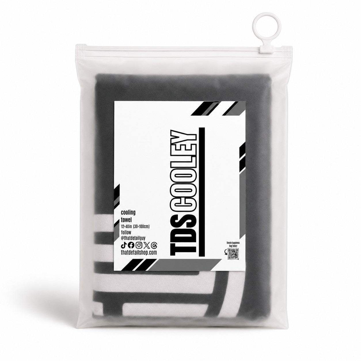 That Detail Shop TDS Cooley cooling towel in black, packaged in a reusable frosted zip bag for heat relief.