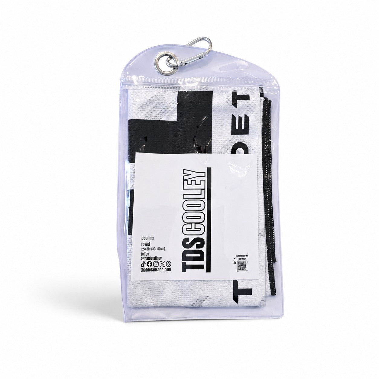 That Detail Shop TDS Cooley cooling towel in clear protective storage pouch with branding and hanging carabiner