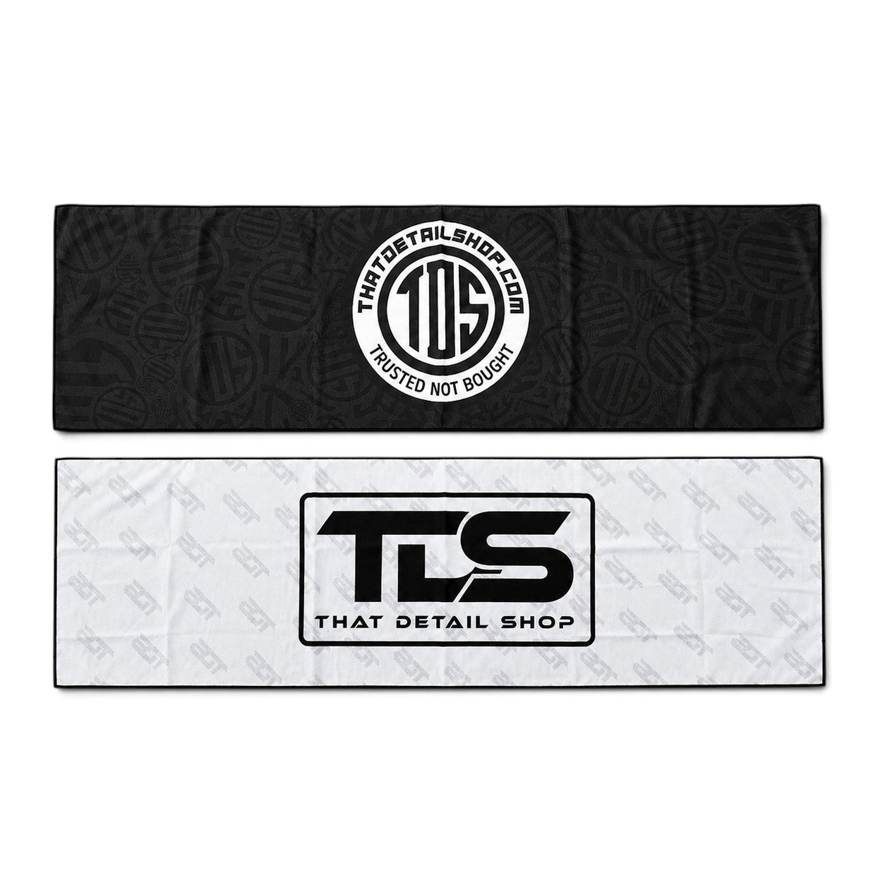 That Detail Shop Cooley cooling towels in black heavyweight and white lightweight versions with branded logos.