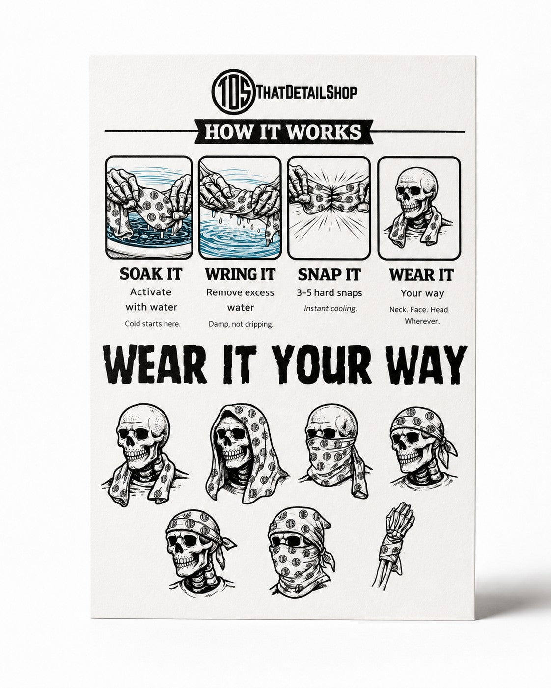 That Detail Shop Cooley cooling towel instructional poster showing how to soak, wring, snap, and wear the towel.