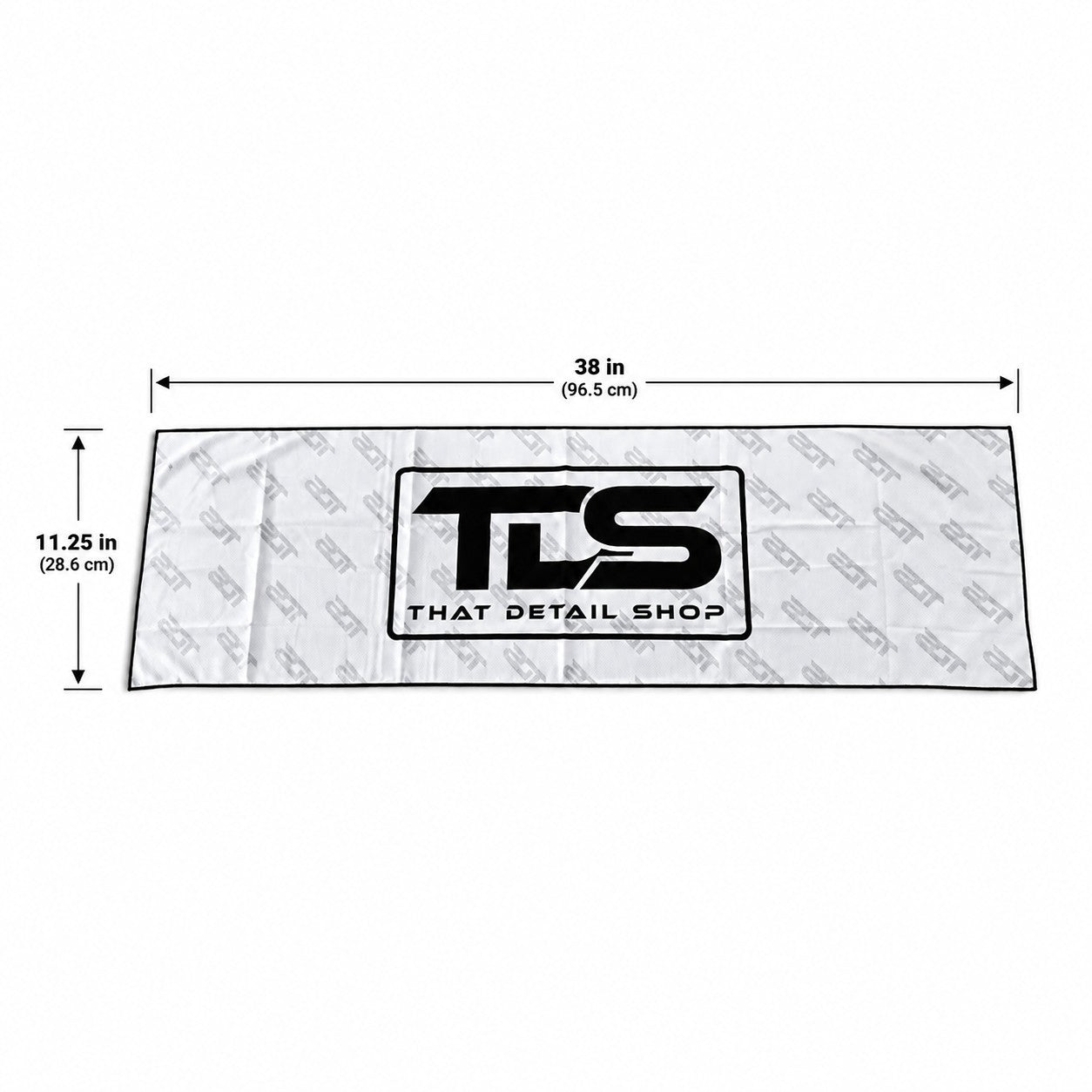 That Detail Shop white TDS Cooley cooling towel featuring a black logo and dimensions of 11.25 by 38 inches.