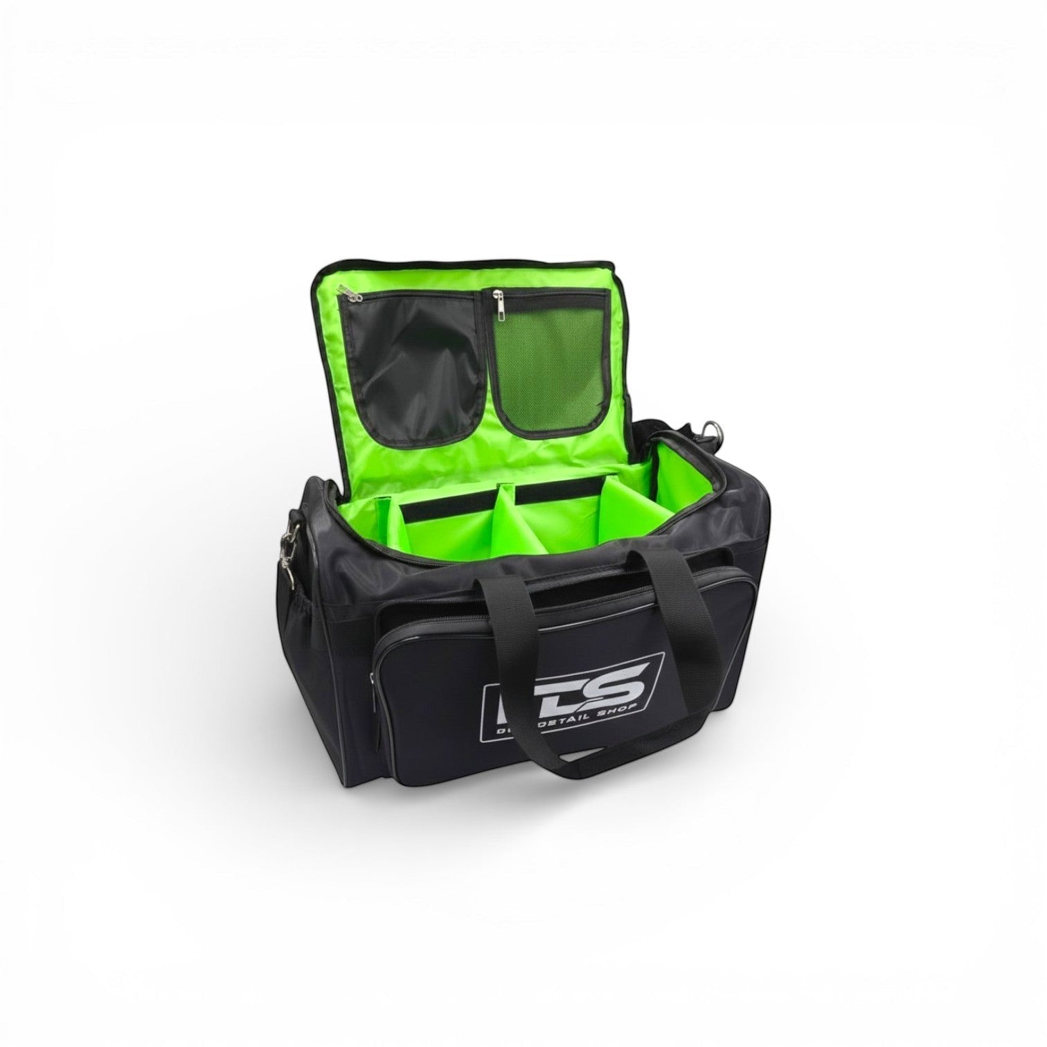 That Detail Shop black detailing bag with bright green interior and multiple compartments, 40 x 28 cm
