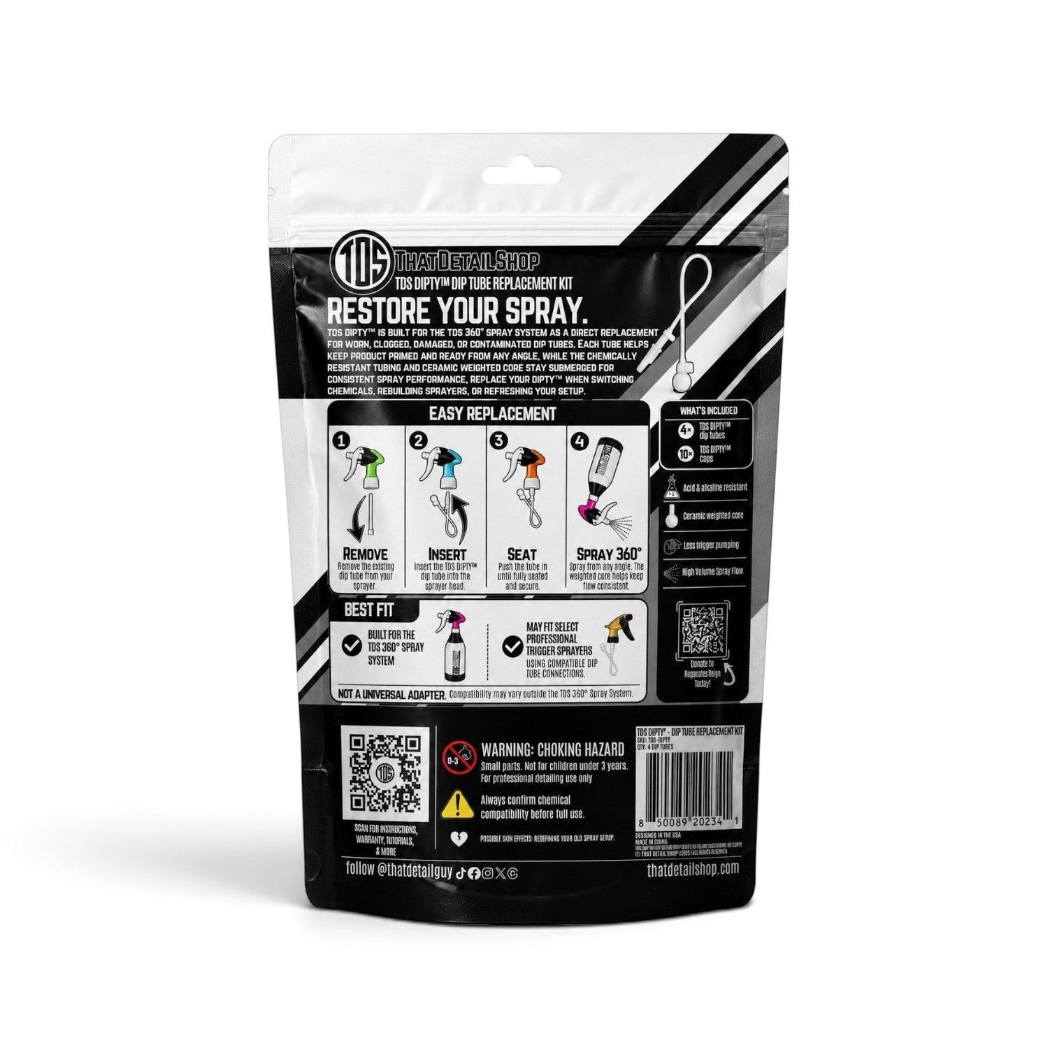That Detail Shop TDS Dipty replacement dip tube kit packaging with installation instructions and product features.
