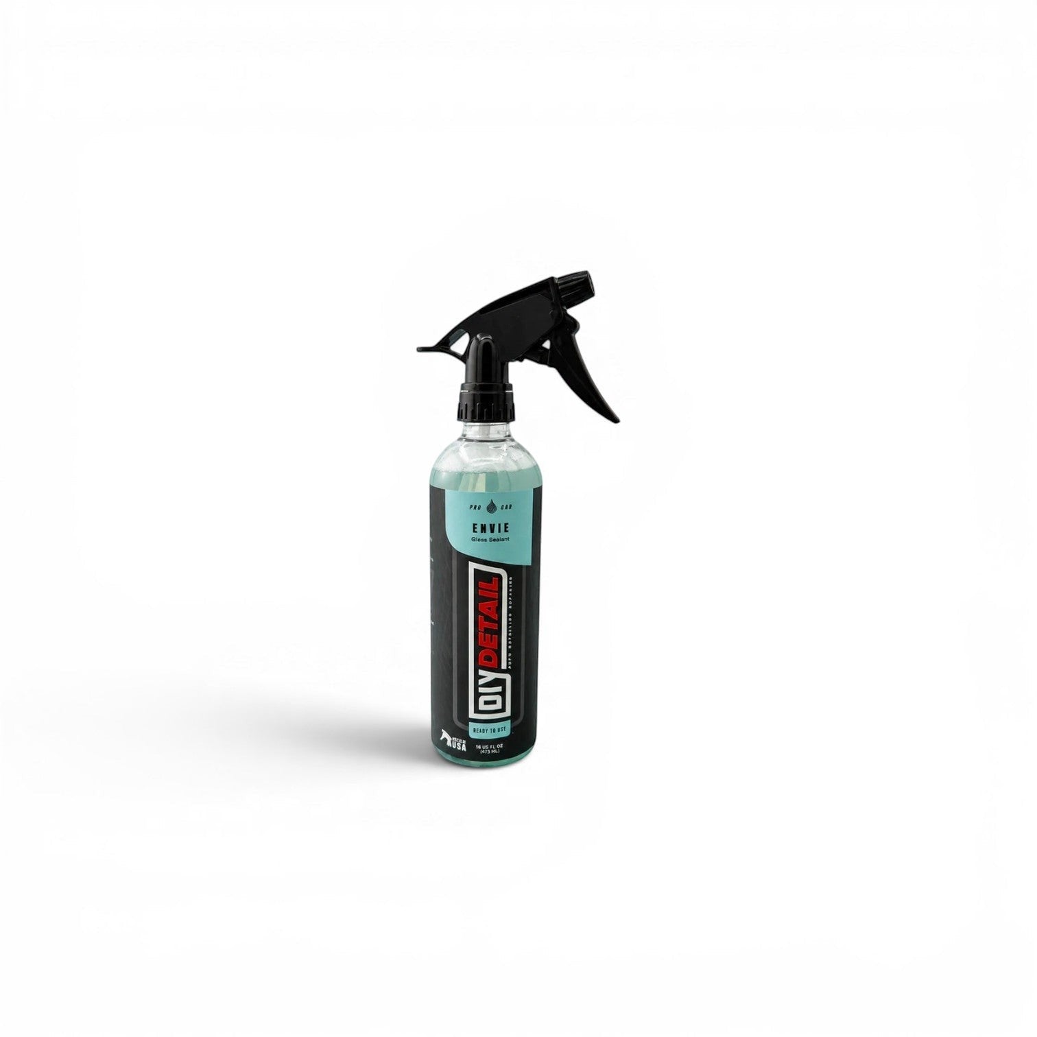 DIY Detail Envie Glass Sealant 16 oz spray bottle with black trigger, clear liquid, and teal label. That Detail Shop.