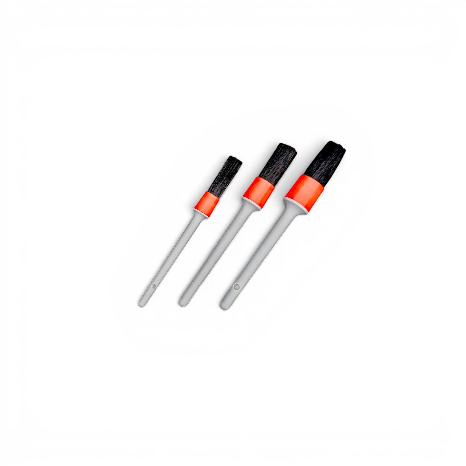 That Detail Shop Exterior Brush Set with black bristles and grey handles with orange accents. Set of 3.