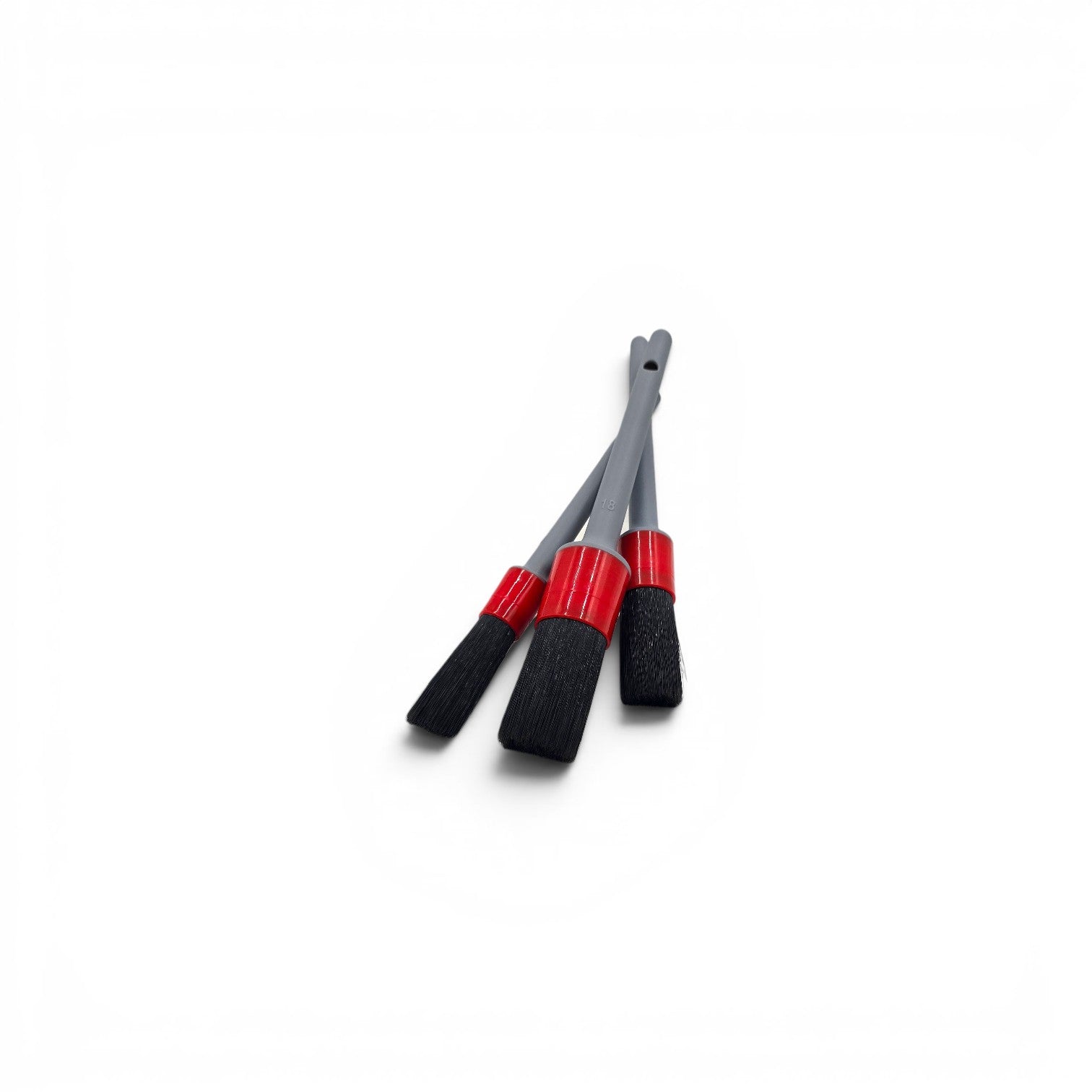 That Detail Shop Exterior Brush Set with black synthetic bristles and red and grey handles, 3 sizes for wheels, grilles, and trim.