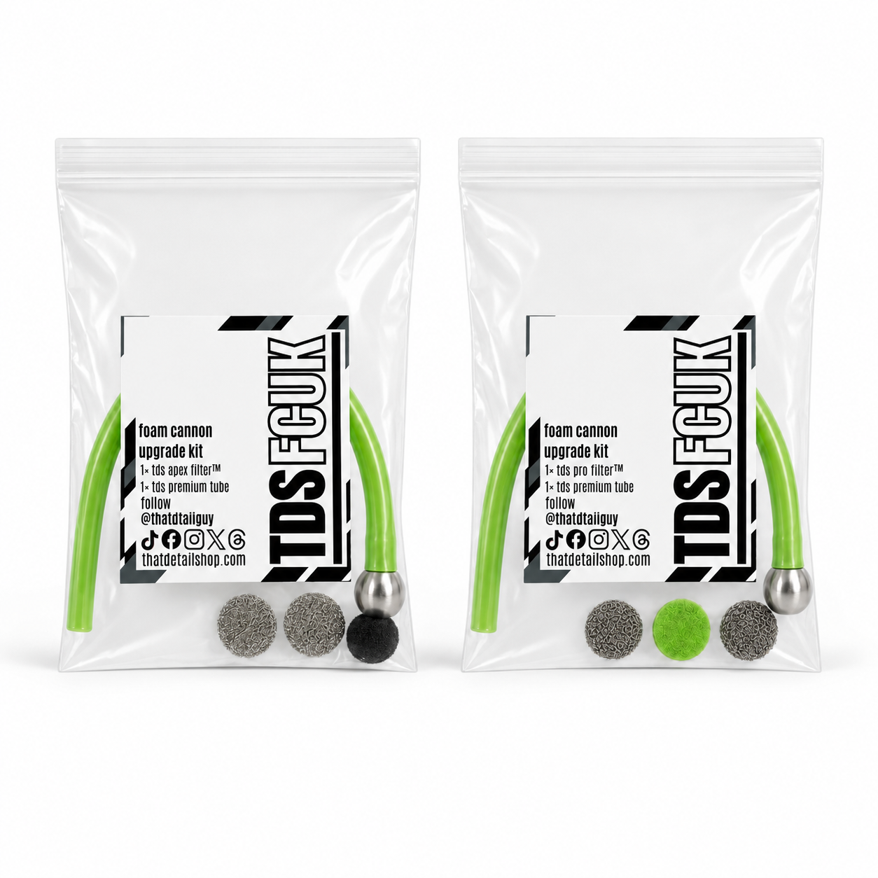 That Detail Shop foam cannon upgrade kit with green tubes and replacement filters in clear plastic bags