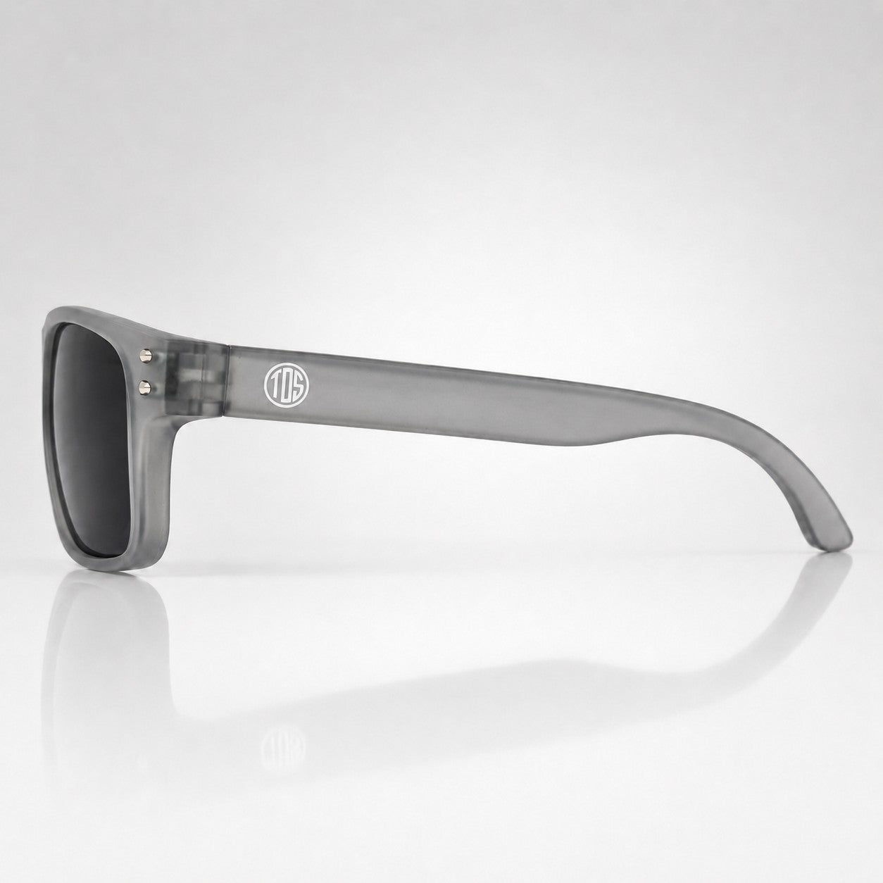 That Detail Shop Frost Gray polarized sunglasses with a square frame and subtle TDS logo on the temple side view