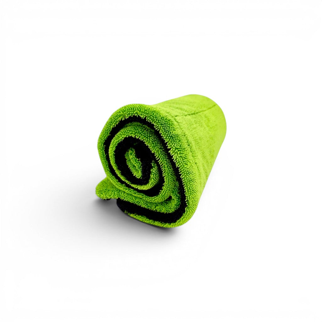 That Detail Shop green 1600 GSM dual twisted-loop microfiber drying towel, 20x30 inches, rolled up.