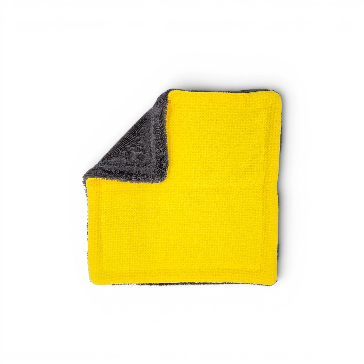 That Detail Shop hybrid microfiber towel with yellow waffle weave and grey twisted loop sides.