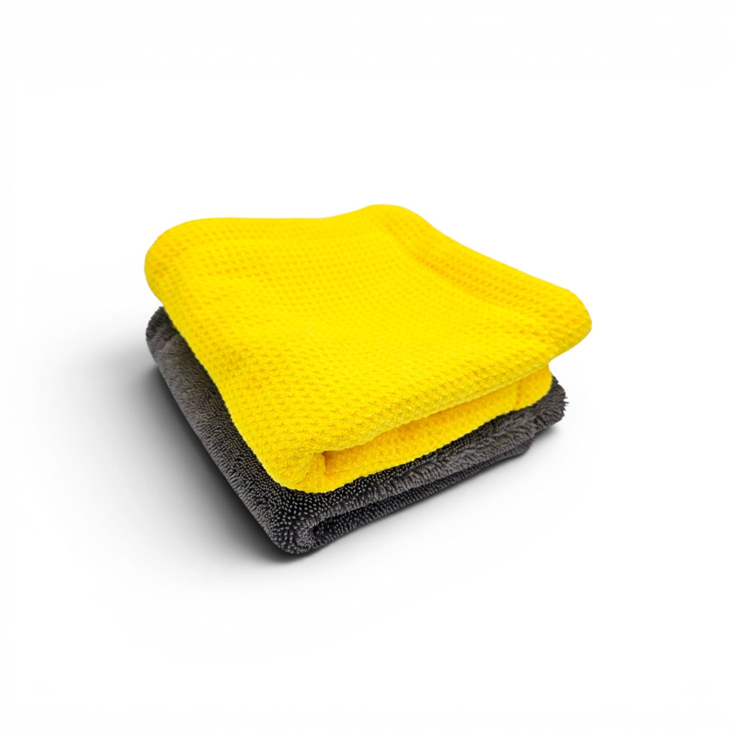 That Detail Shop TDS 1400 MF hybrid microfiber towel, yellow waffle weave over grey twisted loop side. 14.5x14.5 inch.