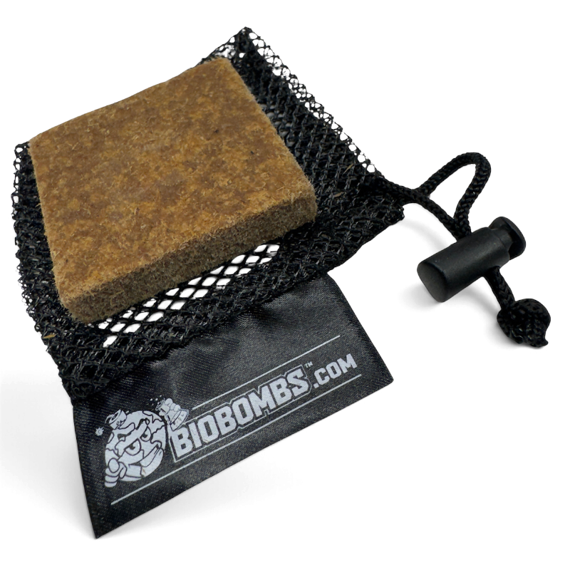 That Detail Shop mesh storage baggie containing a square Bio-Bombs air freshener bar with a black drawstring closure.