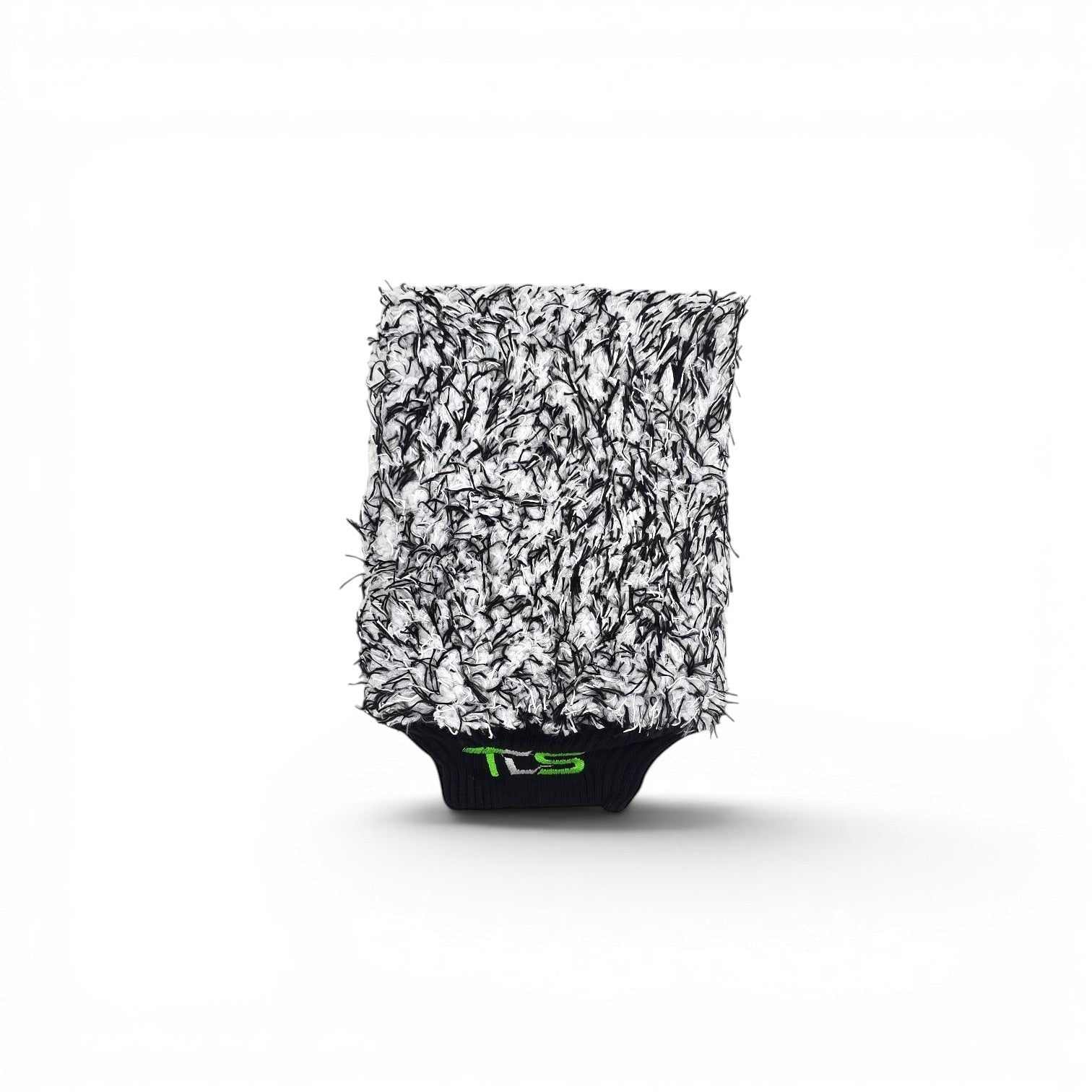 That Detail Shop high-pile microfiber wash mitt in black and white with green logo, features elastic cuff for secure fit.