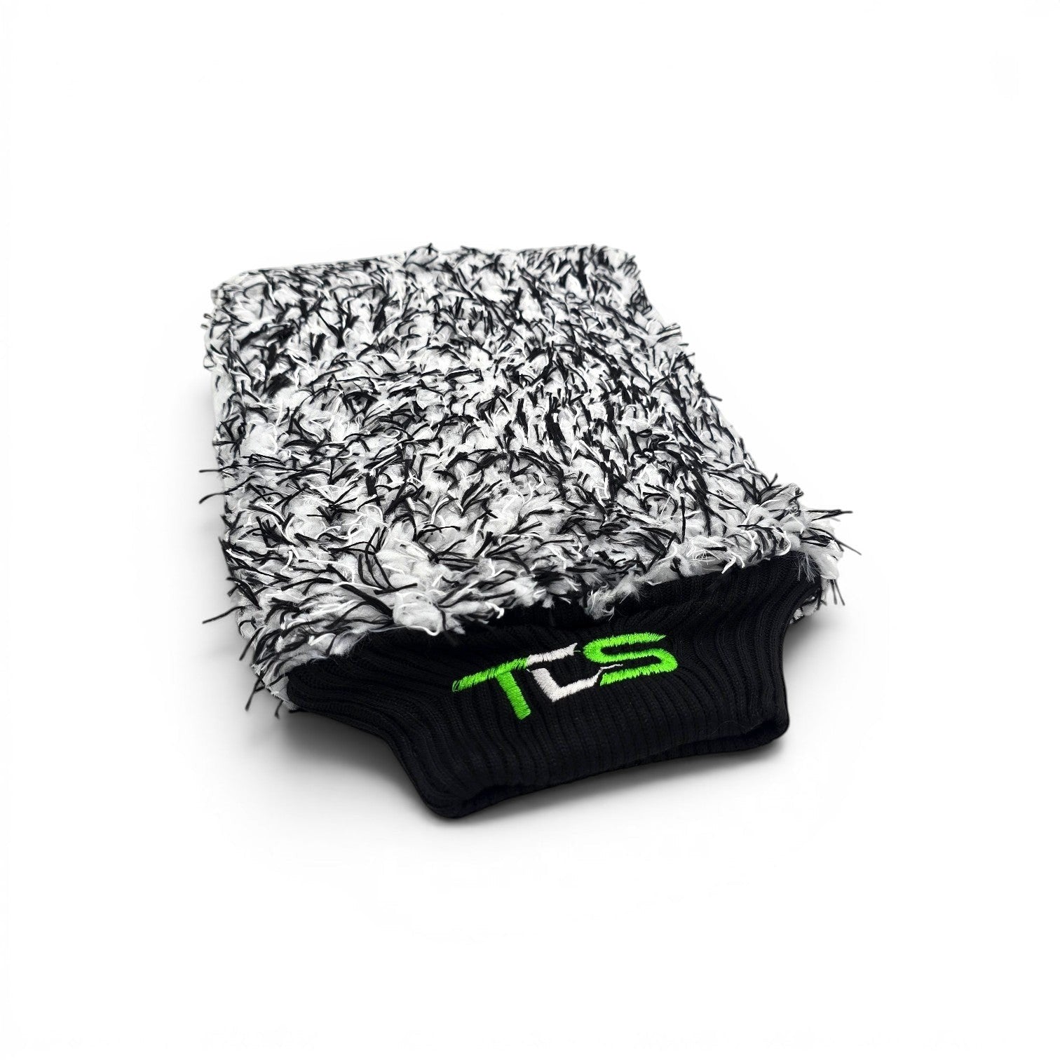 That Detail Shop high-pile microfiber wash mitt in black and white with a black elastic cuff embroidered with green TDS logo.