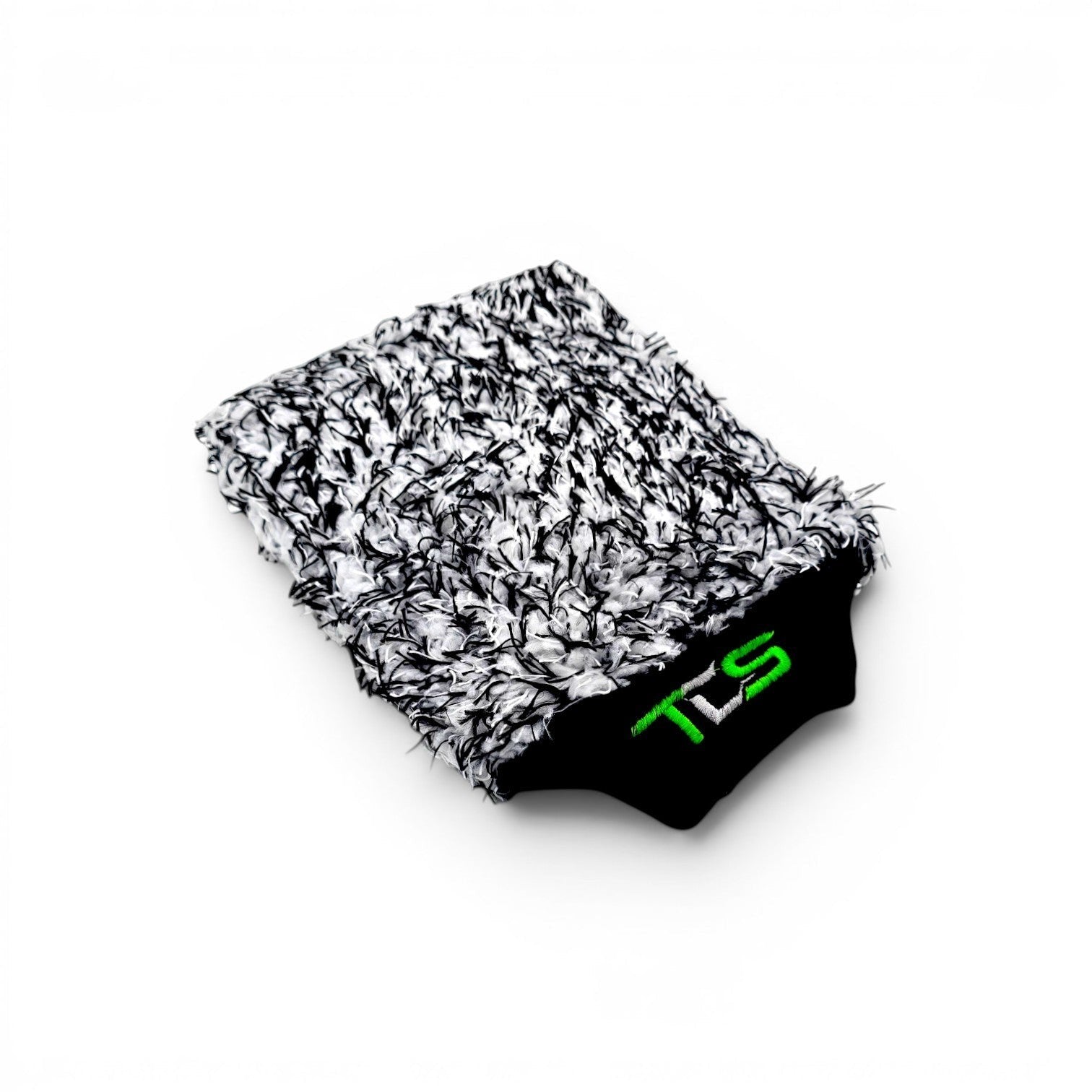 That Detail Shop high-pile microfiber wash mitt in black and white with green logo. Elastic cuff for secure fit.