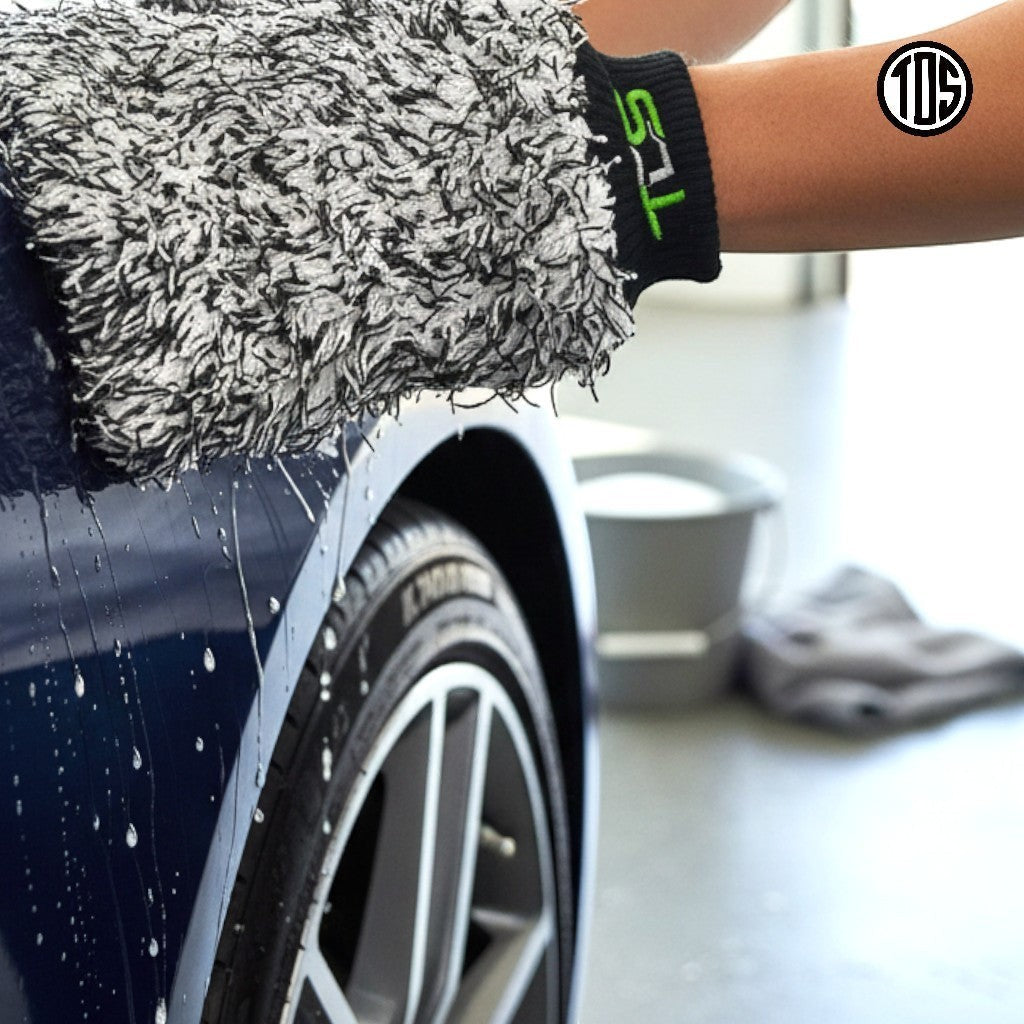 That Detail Shop high-pile microfiber wash mitt in lime green and black, with elastic cuff, used for scratch-free car washing.