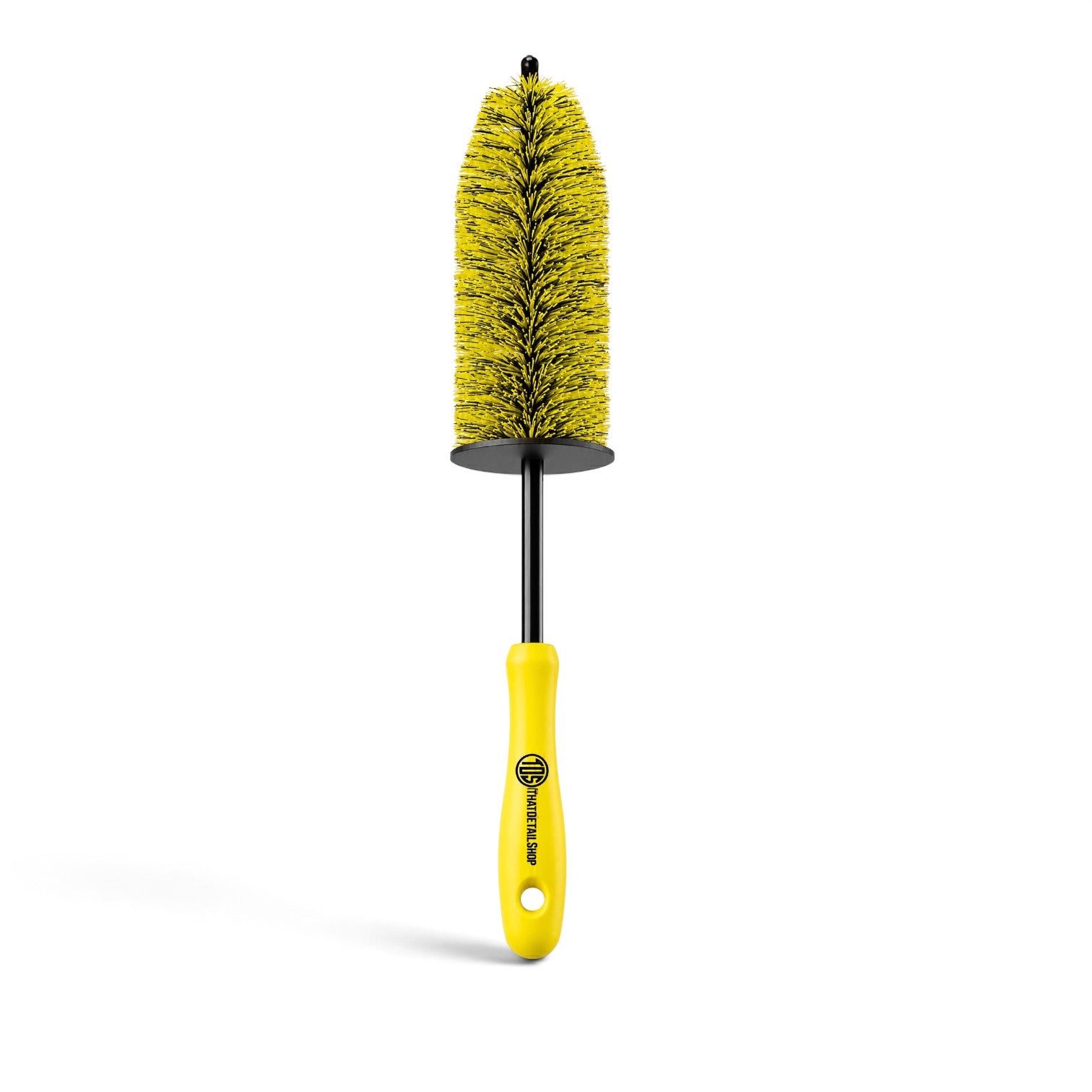 That Detail Shop Mini Barrel Brush with yellow bristles, black stem, and a protective knuckle guard for wheel cleaning.