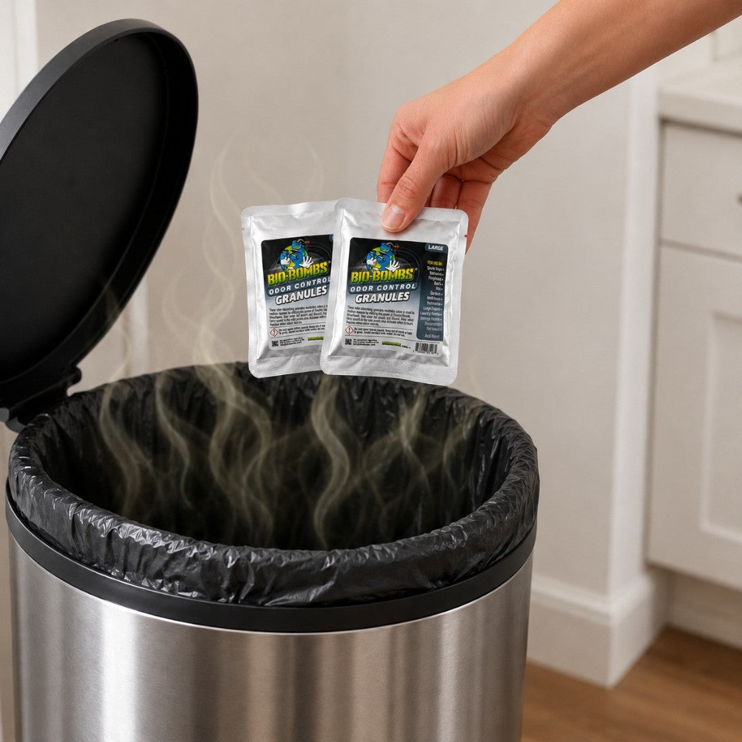 That Detail Shop Odor Control Granule Sachets being placed into a trash can with smoke effect.