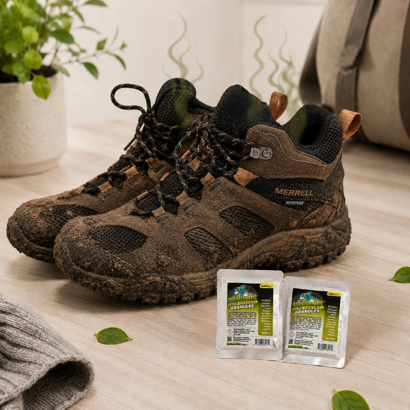 That Detail Shop Odor Control Granule Sachets next to muddy brown Merrell hiking boots.