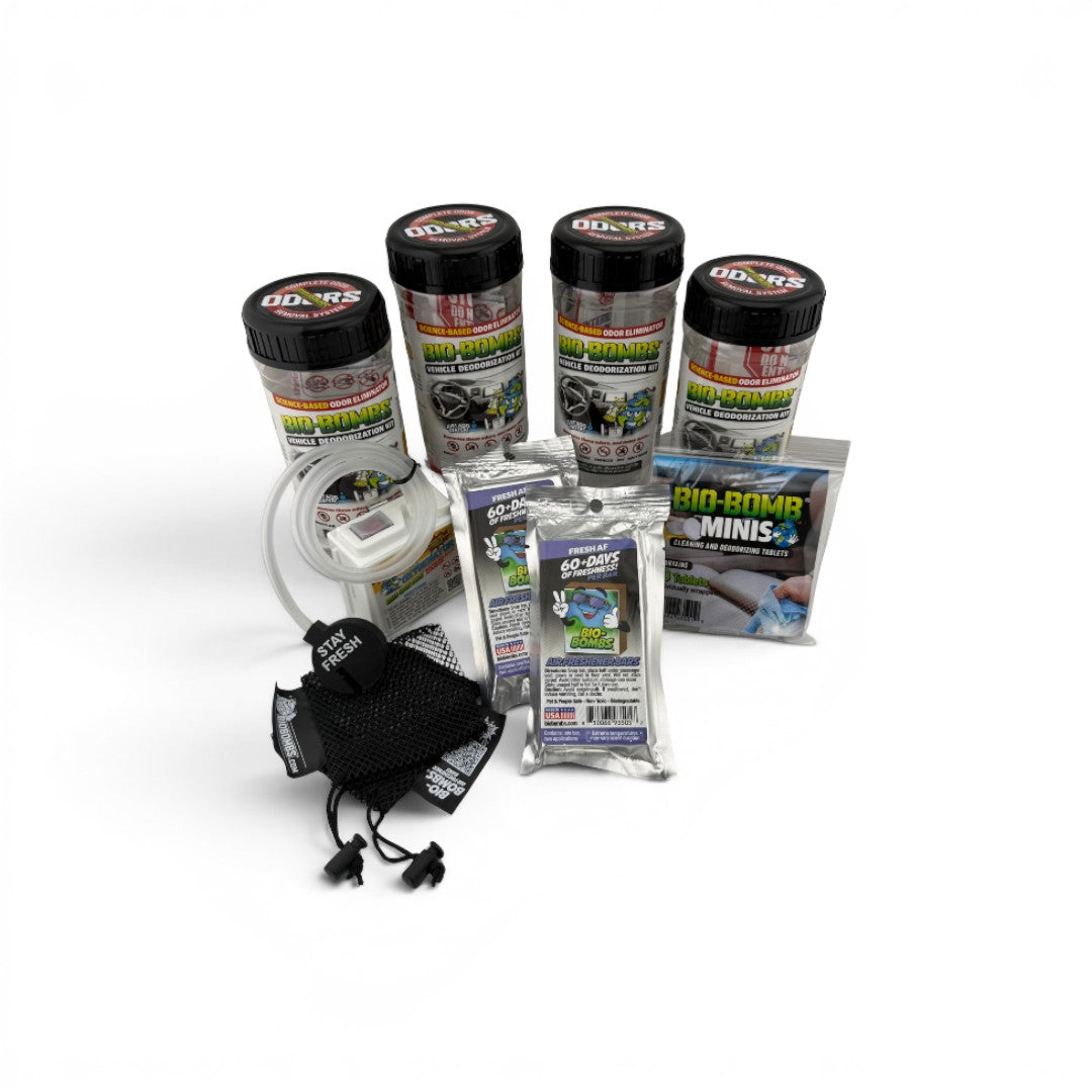 That Detail Shop Auto Detailer Odor Removal Starter Kit with Bio-Bombs, 60-day fresheners, and a mesh bag.