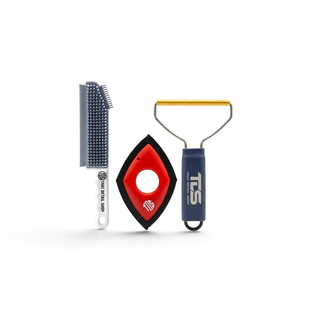 That Detail Shop TDS PHK Pet Hair Kit includes a grey silicone brush, a red detailing tool, and a fabric shaver.