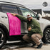 That Detail Shop pink and gray 1400 GSM microfiber car drying towel with twisted-loop weave, 20x30 inches.