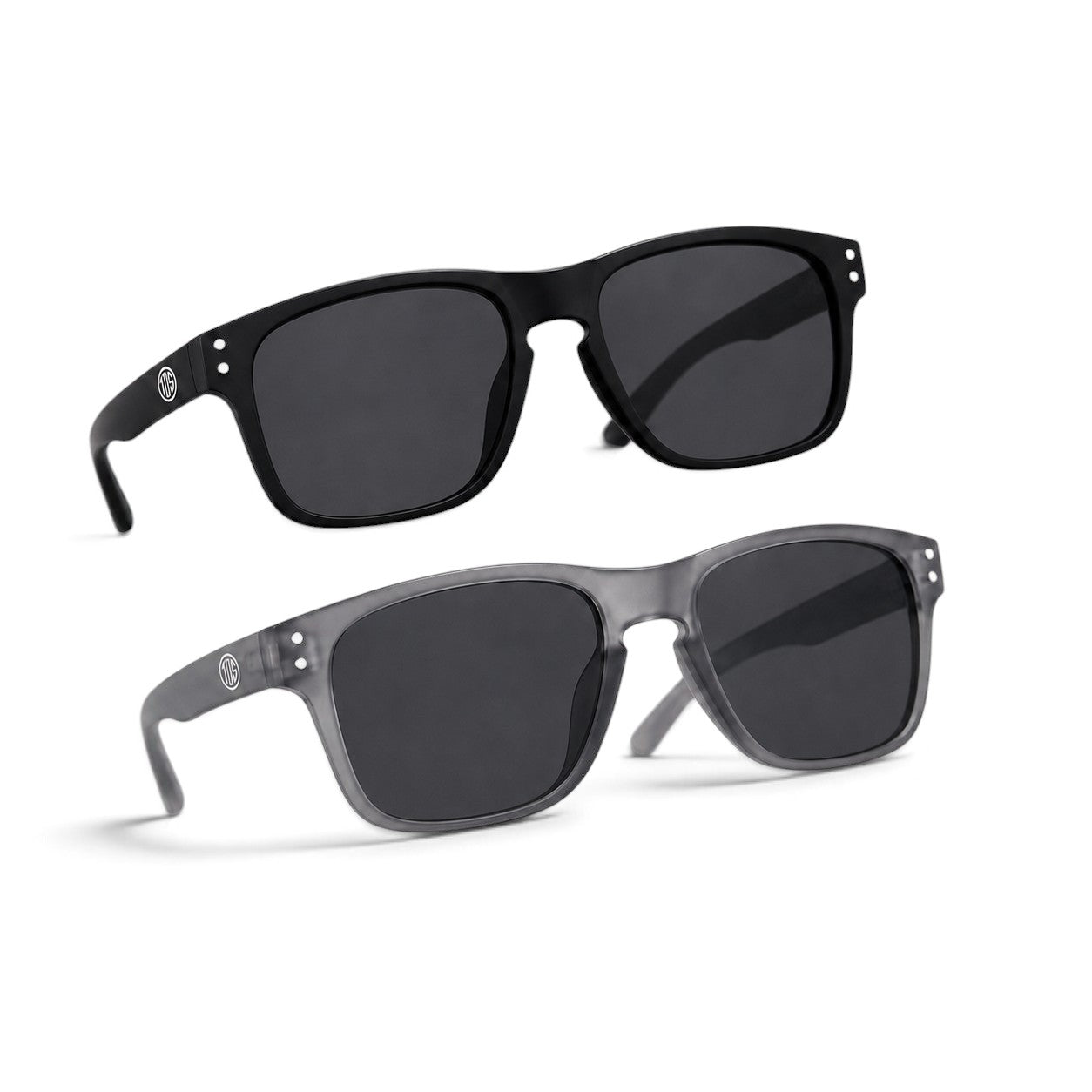 That Detail Shop polarized sunglasses in matte black and frost gray with square frames and subtle temple branding.