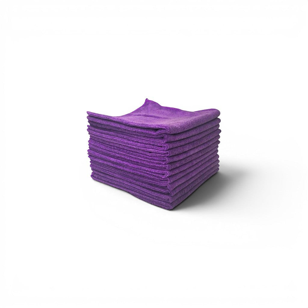 That Detail Shop purple microfiber utility towels, 260 GSM, 16x16 inch, stitched edges, sold in packs.