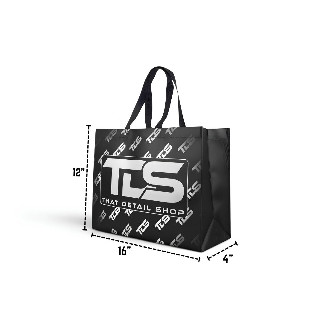 That Detail Shop reusable black tote bag with white TDS logo pattern and dimensions shown in a studio shot.