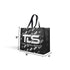 That Detail Shop reusable black tote bag with white TDS logo pattern and dimensions shown in a studio shot.
