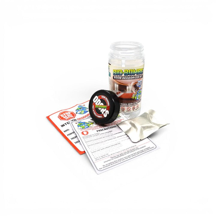That Detail Shop Bio-Bombs room deodorizer kit with a black lid and instructions.