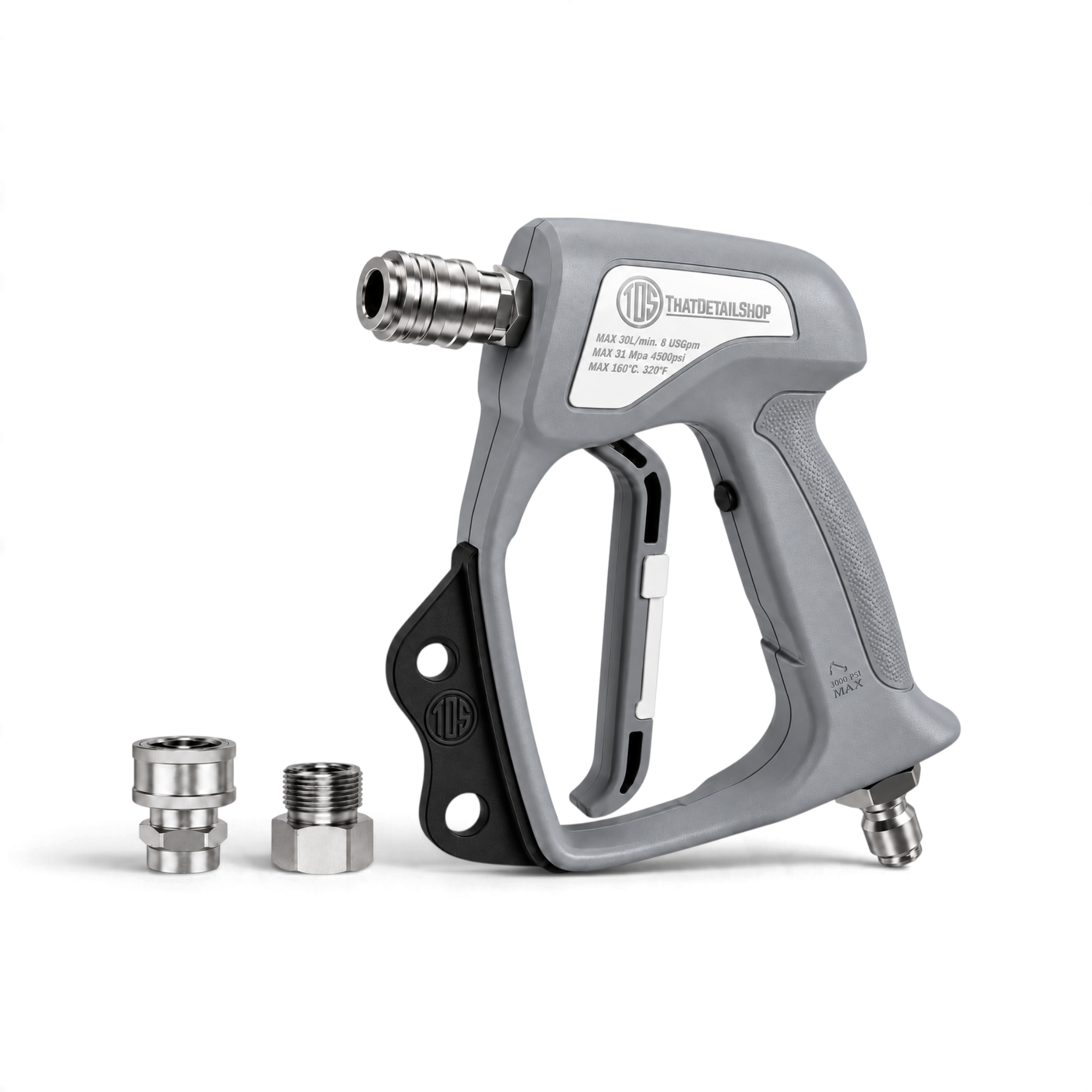That Detail Shop stubby pressure washer gun in grey with 360-degree swivel and two metal quick-connect fittings.